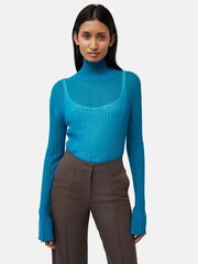 Jigsaw Blue Fluted Cuff Plisse Knit Top - Image 1 of 6