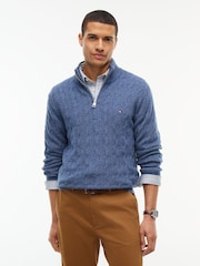 Tommy Hilfiger Blue Pure Lambswool Cable Knit Quarter Zip Jumper - Image 1 of 6