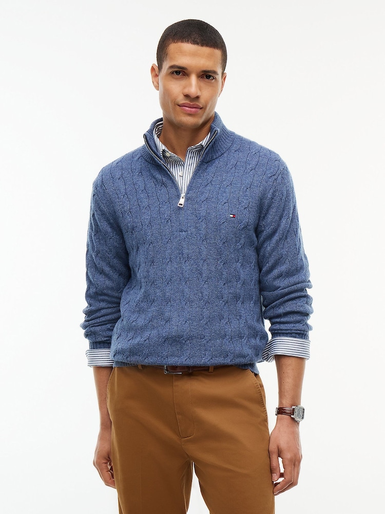 Tommy Hilfiger Blue Pure Lambswool Cable Knit Quarter Zip Jumper - Image 1 of 6 Tommy Hilfiger Blue Pure Lambswool Cable Knit Quarter Zip Jumper - Image 1 of 6