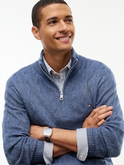Tommy Hilfiger Blue Pure Lambswool Cable Knit Quarter Zip Jumper - Image 3 of 6