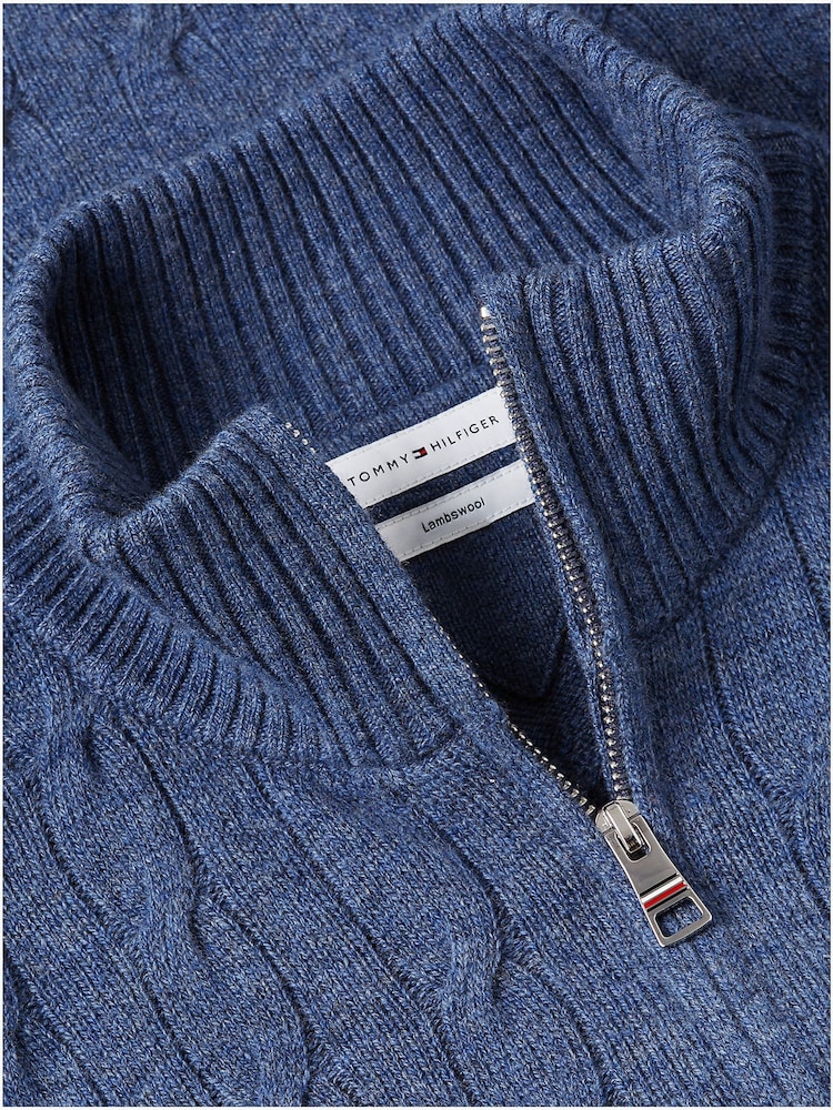 Tommy Hilfiger Blue Pure Lambswool Cable Knit Quarter Zip Jumper - Image 6 of 6 Tommy Hilfiger Blue Pure Lambswool Cable Knit Quarter Zip Jumper - Image 6 of 6