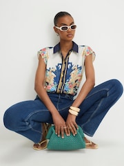 River Island Blue Cap Sleeve Satin Printed Boxy Shirt - Image 2 of 4