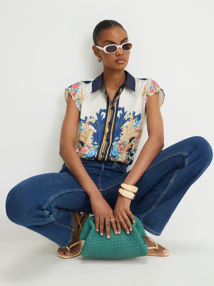 River Island Blue Cap Sleeve Satin Printed Boxy Shirt - Image 2 of 4 River Island Blue Cap Sleeve Satin Printed Boxy Shirt - Image 2 of 4