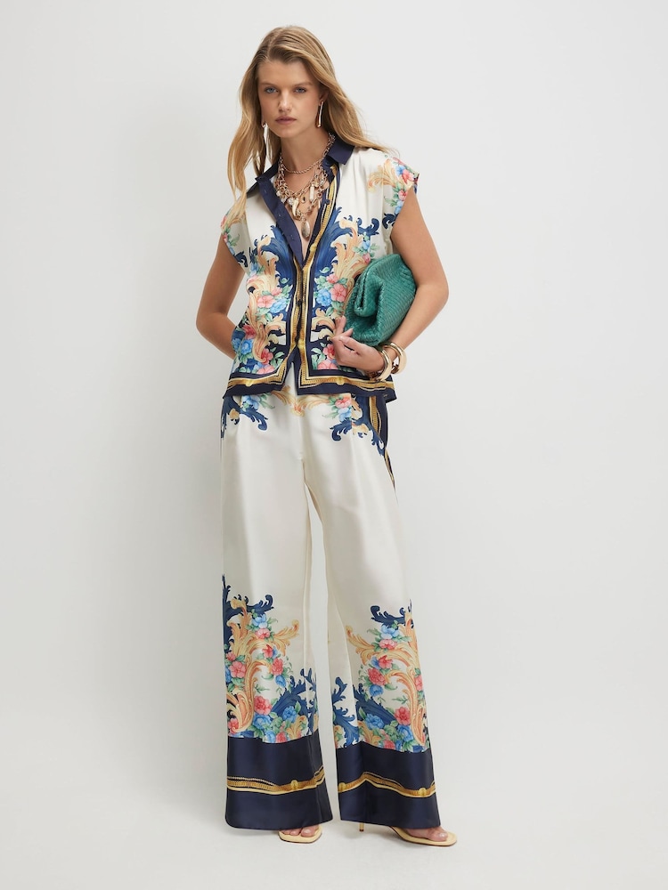 River Island Blue Cap Sleeve Satin Printed Boxy Shirt - Image 4 of 4 River Island Blue Cap Sleeve Satin Printed Boxy Shirt - Image 4 of 4