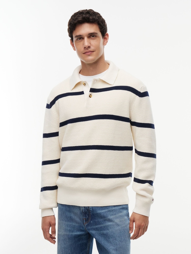 Tommy Hilfiger White Waffle Knit Relaxed Rugby Jumper - Image 1 of 5 Tommy Hilfiger White Waffle Knit Relaxed Rugby Jumper - Image 1 of 5