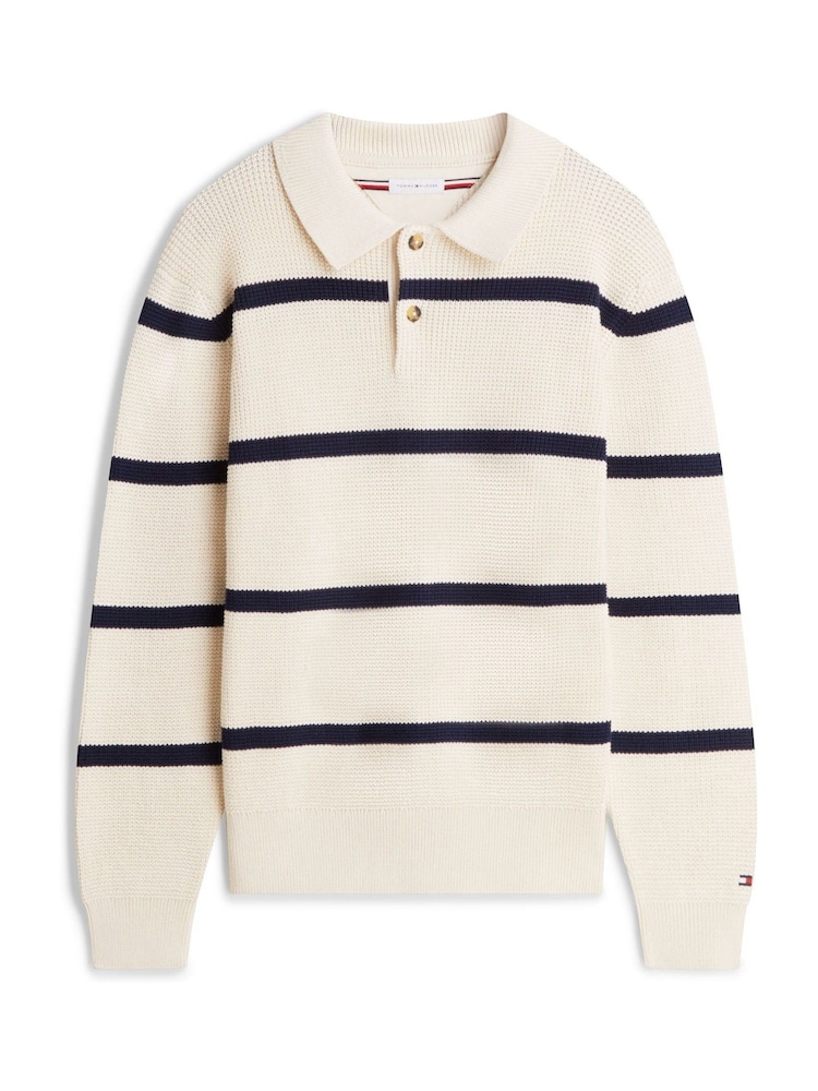 Tommy Hilfiger White Waffle Knit Relaxed Rugby Jumper - Image 5 of 5 Tommy Hilfiger White Waffle Knit Relaxed Rugby Jumper - Image 5 of 5