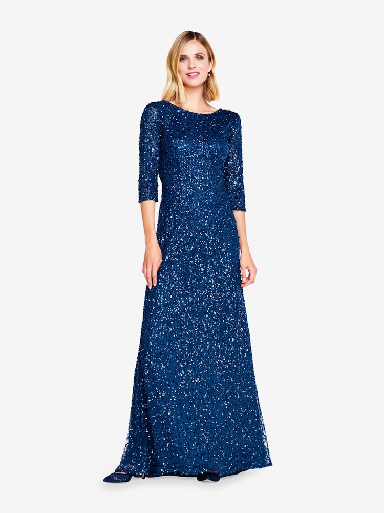 Adrianna Papell Blue 3/4 Sleeve Beaded Mermaid Gown - Image 1 of 4