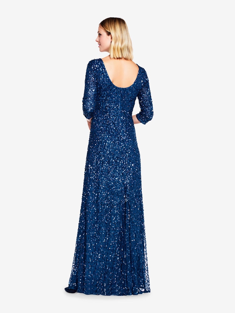 Adrianna Papell Blue 3/4 Sleeve Beaded Mermaid Gown - Image 2 of 4