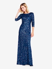 Adrianna Papell Blue 3/4 Sleeve Beaded Mermaid Gown - Image 3 of 4