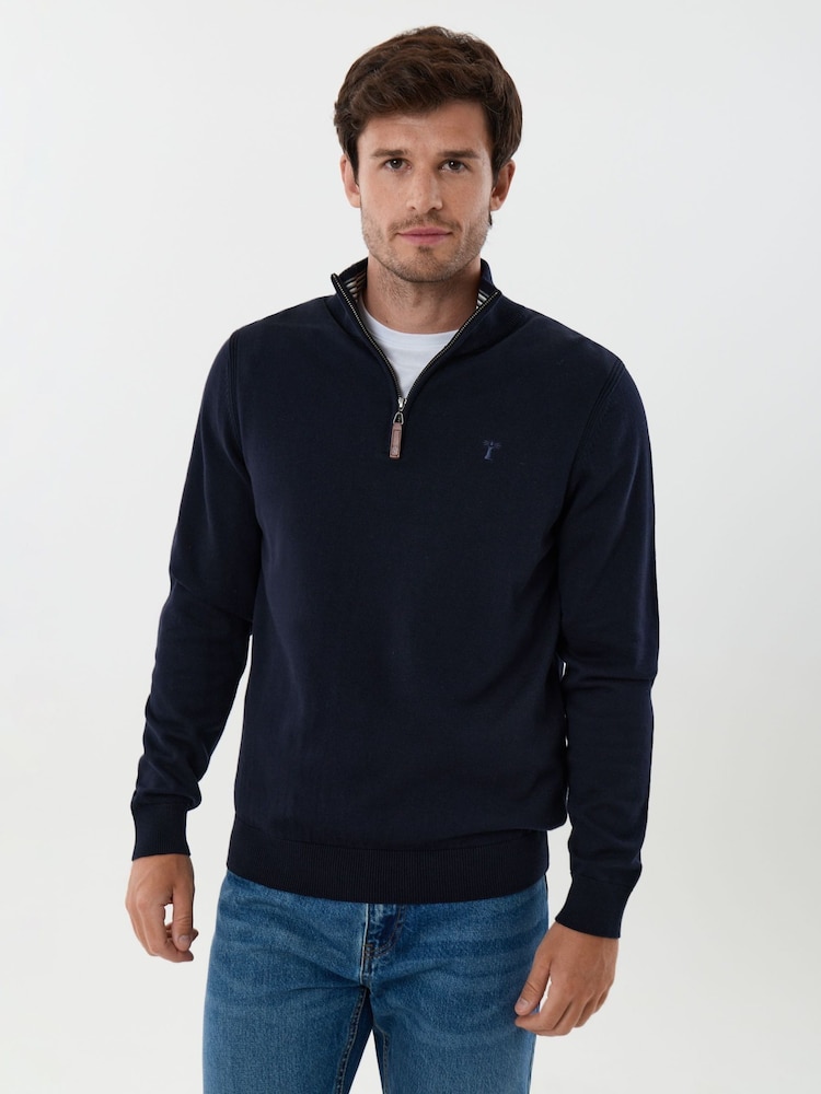 Saltwell Blue Cotton Funnel Neck Quarter Zip Jumper - Image 1 of 5 Saltwell Blue Cotton Funnel Neck Quarter Zip Jumper - Image 1 of 5
