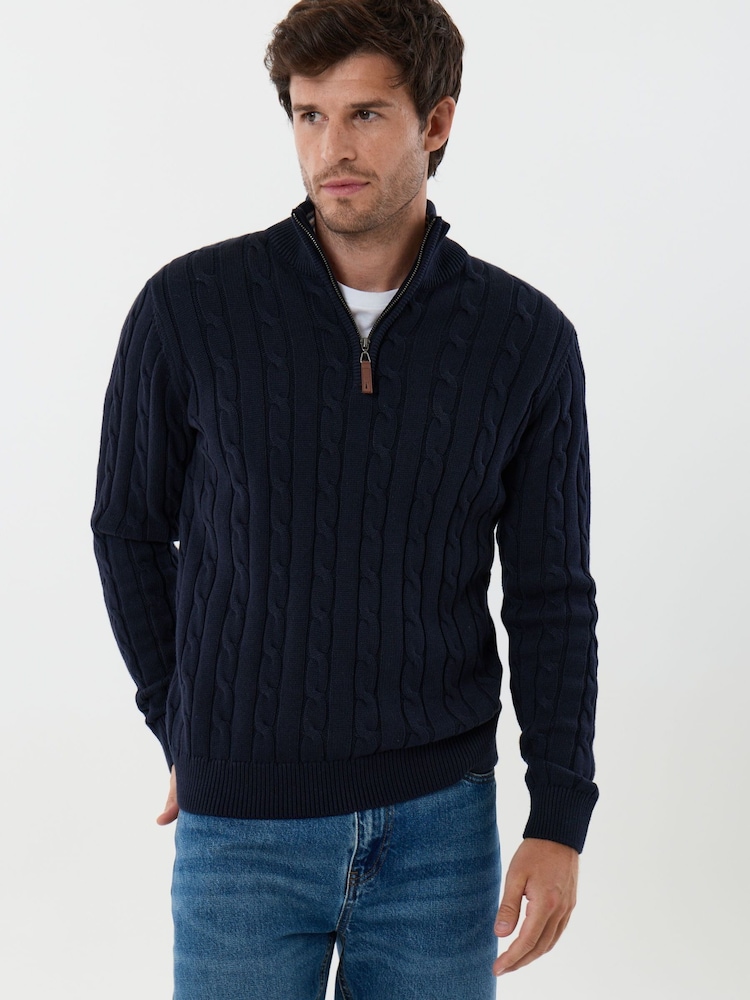 Saltwell Blue Cable Knit Cotton Funnel Neck Quarter Zip Jumper - Image 1 of 5 Saltwell Blue Cable Knit Cotton Funnel Neck Quarter Zip Jumper - Image 1 of 5