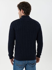 Saltwell Blue Cable Knit Cotton Funnel Neck Quarter Zip Jumper - Image 2 of 5