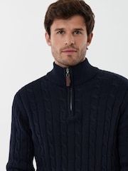 Saltwell Blue Cable Knit Cotton Funnel Neck Quarter Zip Jumper - Image 4 of 5