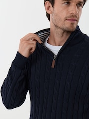 Saltwell Blue Cable Knit Cotton Funnel Neck Quarter Zip Jumper - Image 5 of 5