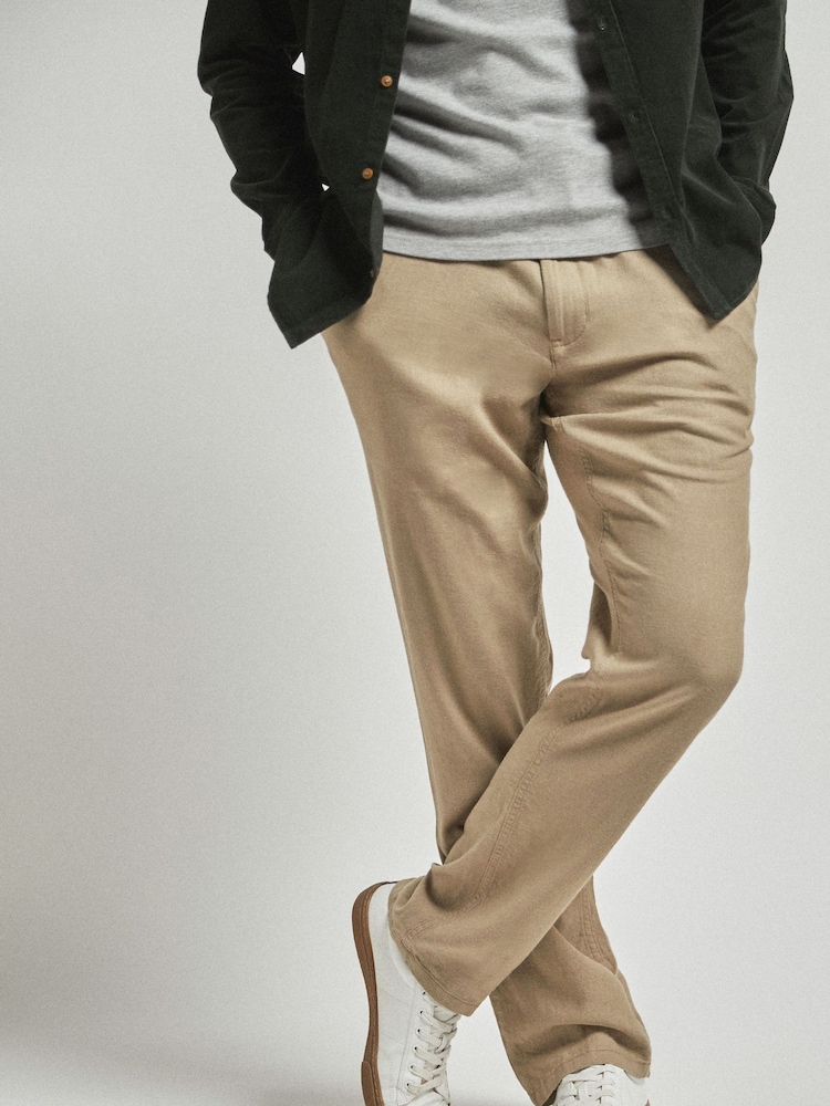Stone Brown Linen Blend Drawstring Trousers - Image 1 of 4 Stone Brown Linen Blend Drawstring Trousers - Image 1 of 4
