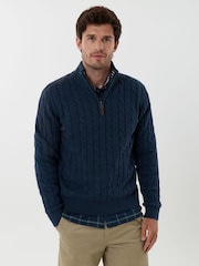 Saltwell Blue Cable Knit Cotton Funnel Neck Quarter Zip Jumper - Image 1 of 5