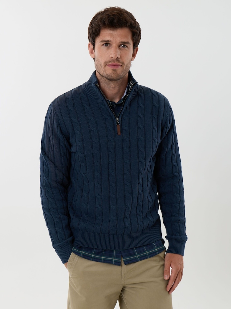 Saltwell Blue Cable Knit Cotton Funnel Neck Quarter Zip Jumper - Image 1 of 5 Saltwell Blue Cable Knit Cotton Funnel Neck Quarter Zip Jumper - Image 1 of 5