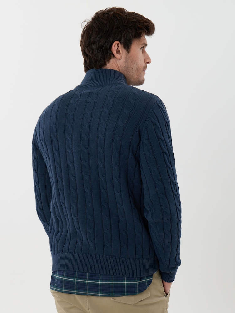 Saltwell Blue Cable Knit Cotton Funnel Neck Quarter Zip Jumper - Image 2 of 5 Saltwell Blue Cable Knit Cotton Funnel Neck Quarter Zip Jumper - Image 2 of 5