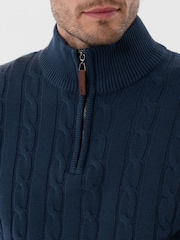 Saltwell Blue Cable Knit Cotton Funnel Neck Quarter Zip Jumper - Image 4 of 5