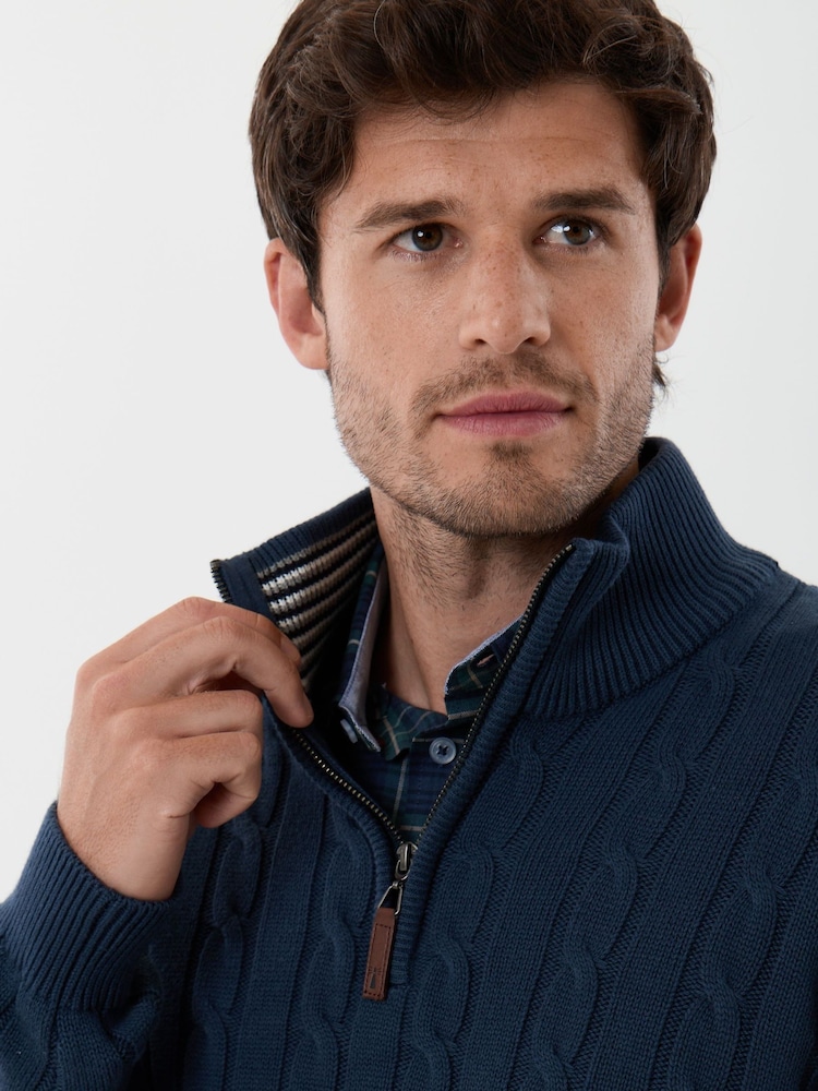 Saltwell Blue Cable Knit Cotton Funnel Neck Quarter Zip Jumper - Image 5 of 5 Saltwell Blue Cable Knit Cotton Funnel Neck Quarter Zip Jumper - Image 5 of 5