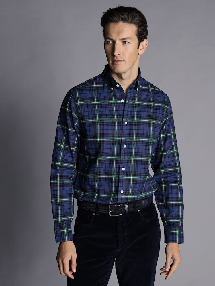 Charles Tyrwhitt Green Multi Check Brushed Flannel Slim Fit 100% Cotton Shirt - Image 1 of 5 Charles Tyrwhitt Green Multi Check Brushed Flannel Slim Fit 100% Cotton Shirt - Image 1 of 5