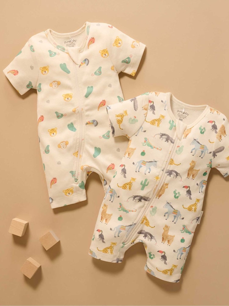Purebaby Short Sleeve Zip Rompers 2 Pack - Imagen 2 de 6