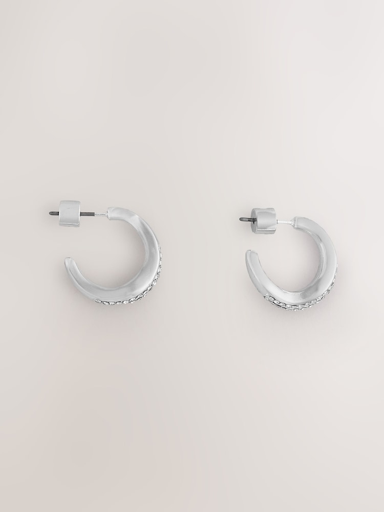 Silver Tone Sparkle Pave Hoop Earrings - Image 1 of 3
