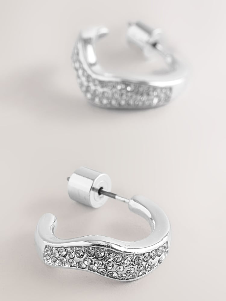 Silver Tone Sparkle Pave Hoop Earrings - Image 2 of 3