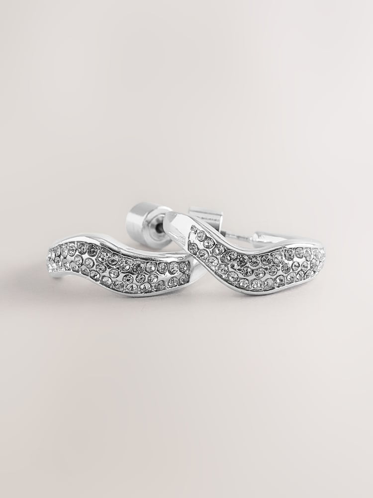 Silver Tone Sparkle Pave Hoop Earrings - Image 3 of 3