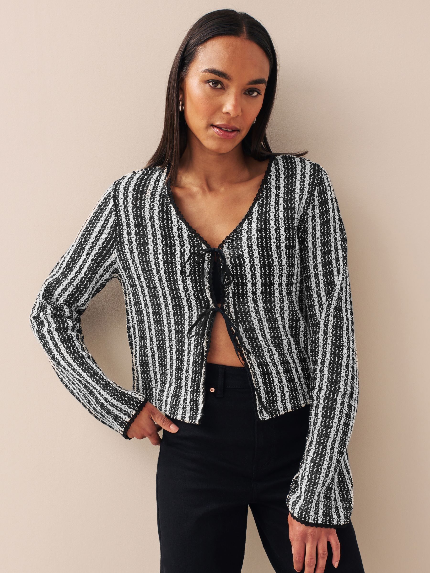 Buy Black/Ecru Stripe Crochet Knit Tie Detail Textured Cardigan from Next  Austria