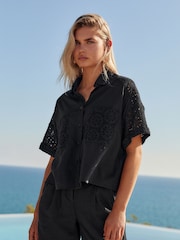 Black Broderie Mix Short Sleeve Shirt - Image 1 of 3
