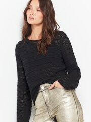 Black Crochet Texture Flute Long Sleeve Jumper Top - Image 1 of 6