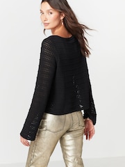 Black Crochet Texture Flute Long Sleeve Jumper Top - Image 3 of 6