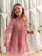 Laura Ashley Pink Embroidered Mesh Dress - Image 1 of 8