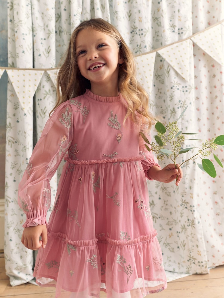 Laura Ashley Pink Embroidered Mesh Dress - Image 1 of 8