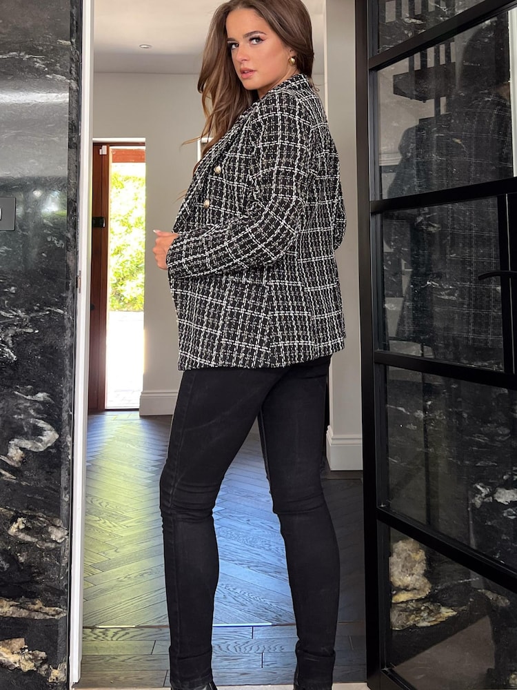 Girl In Mind Black Check Edith Boucle Military Button Blazer - Image 2 of 4