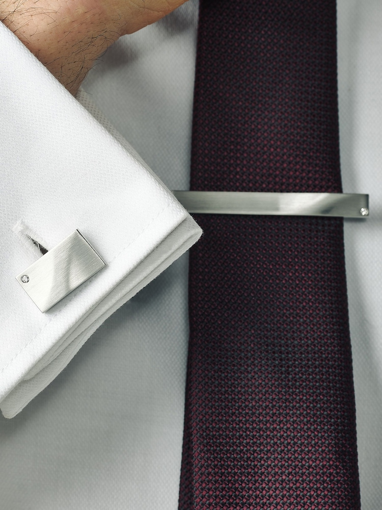 Silver Tone Diamante Cufflink And Tie Clip Set - Image 2 of 6