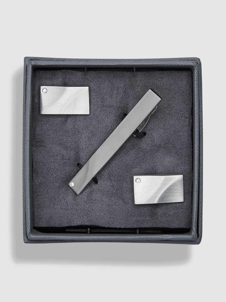 Silver Tone Diamante Cufflink And Tie Clip Set - Image 5 of 6