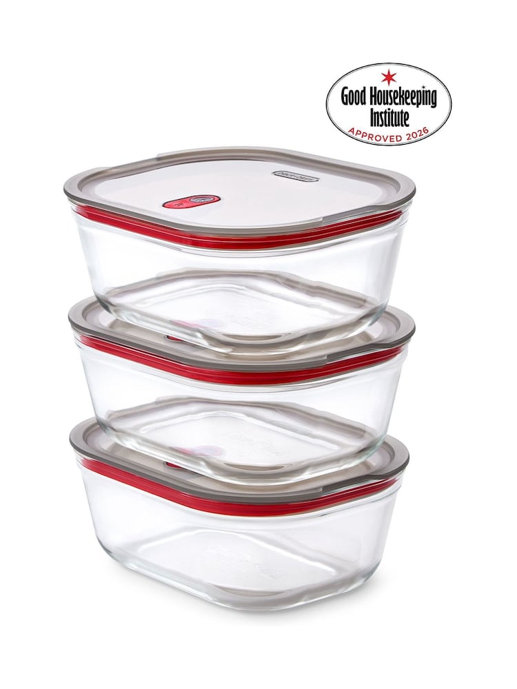 Black & Blum Set of 3 GreyRed 1200ml Glass Stack and Nest Food Storage Boxes - Image 2 of 6 Black & Blum Set of 3 GreyRed 1200ml Glass Stack and Nest Food Storage Boxes - Image 2 of 6