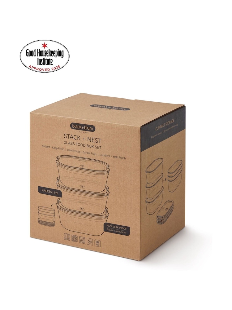 Black & Blum Set of 3 GreyRed 1200ml Glass Stack and Nest Food Storage Boxes - Image 6 of 6 Black & Blum Set of 3 GreyRed 1200ml Glass Stack and Nest Food Storage Boxes - Image 6 of 6
