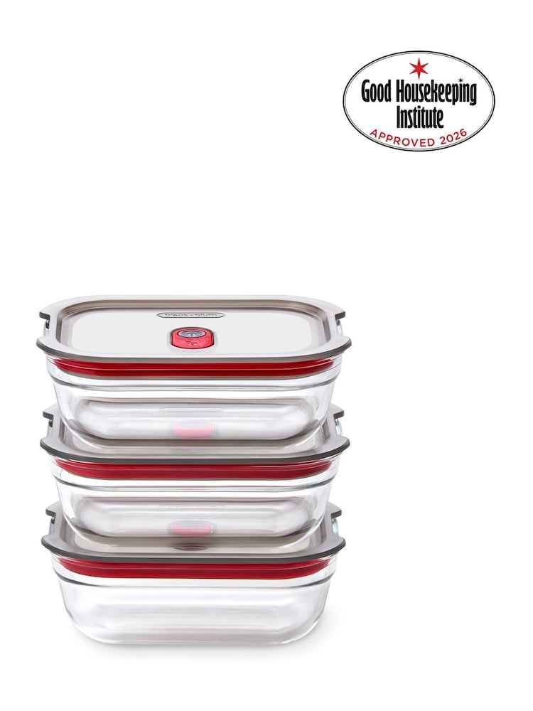 Black & Blum Set of 3 GreyRed 380ml Glass Stack and Nest Food Storage Boxes - Image 1 of 6 Black & Blum Set of 3 GreyRed 380ml Glass Stack and Nest Food Storage Boxes - Image 1 of 6