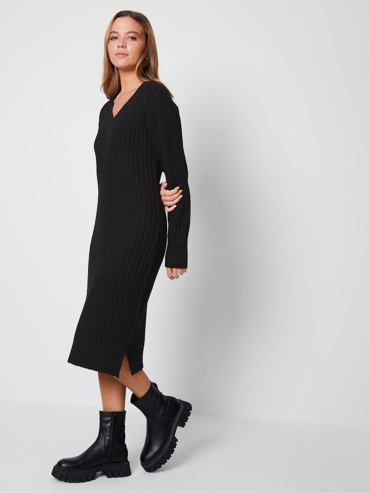 Threadbare Black V-Neck Knitted Midi Dress - Image 1 of 3