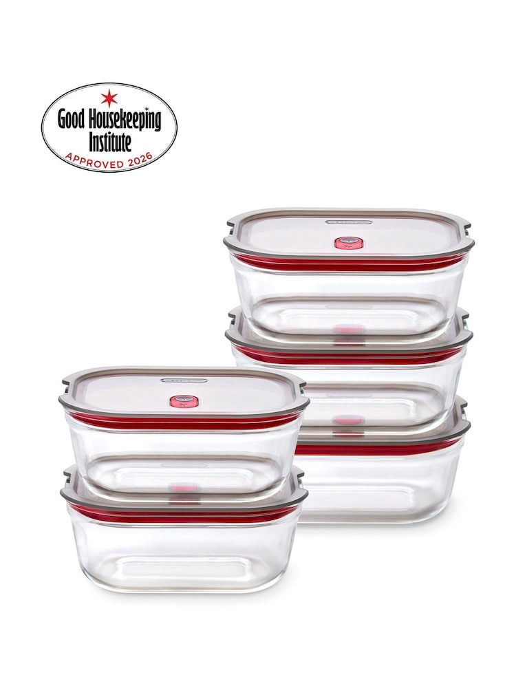Black & Blum Set of 5 Grey Red 900ml Glass Stack and Nest Food Storage Boxes - Image 1 of 6 Black & Blum Set of 5 Grey Red 900ml Glass Stack and Nest Food Storage Boxes - Image 1 of 6