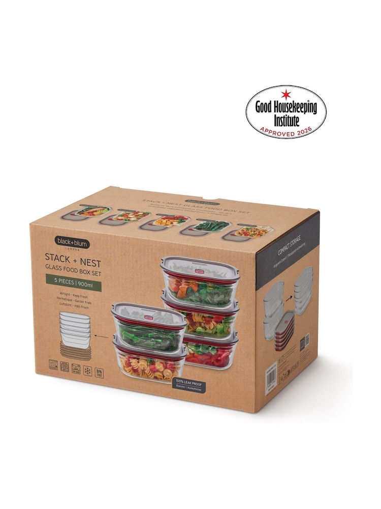 Black & Blum Set of 5 Grey Red 900ml Glass Stack and Nest Food Storage Boxes - Image 6 of 6 Black & Blum Set of 5 Grey Red 900ml Glass Stack and Nest Food Storage Boxes - Image 6 of 6