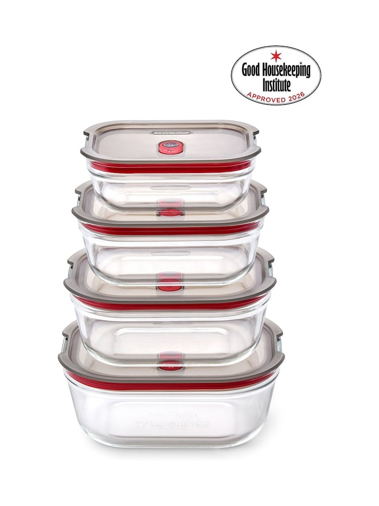 Black & Blum Set of 4 Grey Red Glass Stack and Nest Food Storage Boxes - Image 1 of 6 Black & Blum Set of 4 Grey Red Glass Stack and Nest Food Storage Boxes - Image 1 of 6