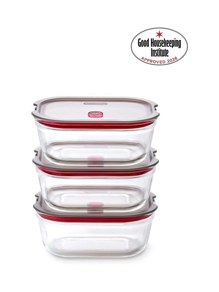 Black & Blum Set of 3 GreyRed 900ml Glass Stack and Nest Food Storage Boxes - Image 1 of 6 Black & Blum Set of 3 GreyRed 900ml Glass Stack and Nest Food Storage Boxes - Image 1 of 6