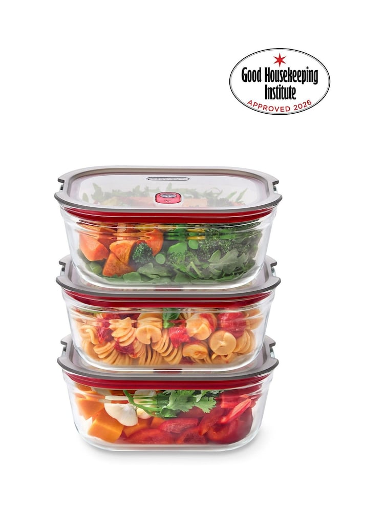 Black & Blum Set of 3 GreyRed 900ml Glass Stack and Nest Food Storage Boxes - Image 2 of 6 Black & Blum Set of 3 GreyRed 900ml Glass Stack and Nest Food Storage Boxes - Image 2 of 6