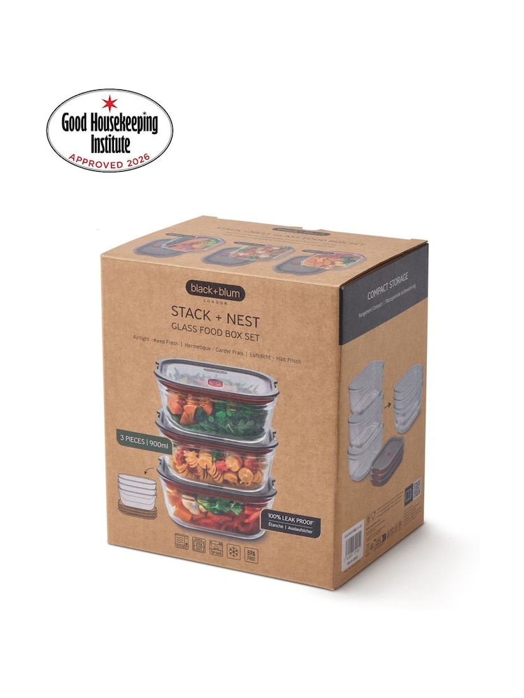 Black & Blum Set of 3 GreyRed 900ml Glass Stack and Nest Food Storage Boxes - Image 6 of 6 Black & Blum Set of 3 GreyRed 900ml Glass Stack and Nest Food Storage Boxes - Image 6 of 6