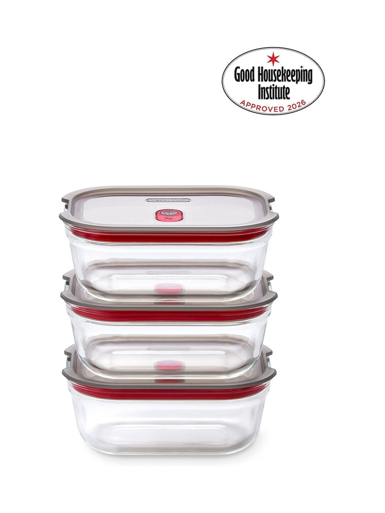 Black & Blum Set of 3 Grey Red 600ml Glass Stack and Nest Food Storage Boxes - Image 1 of 6 Black & Blum Set of 3 Grey Red 600ml Glass Stack and Nest Food Storage Boxes - Image 1 of 6