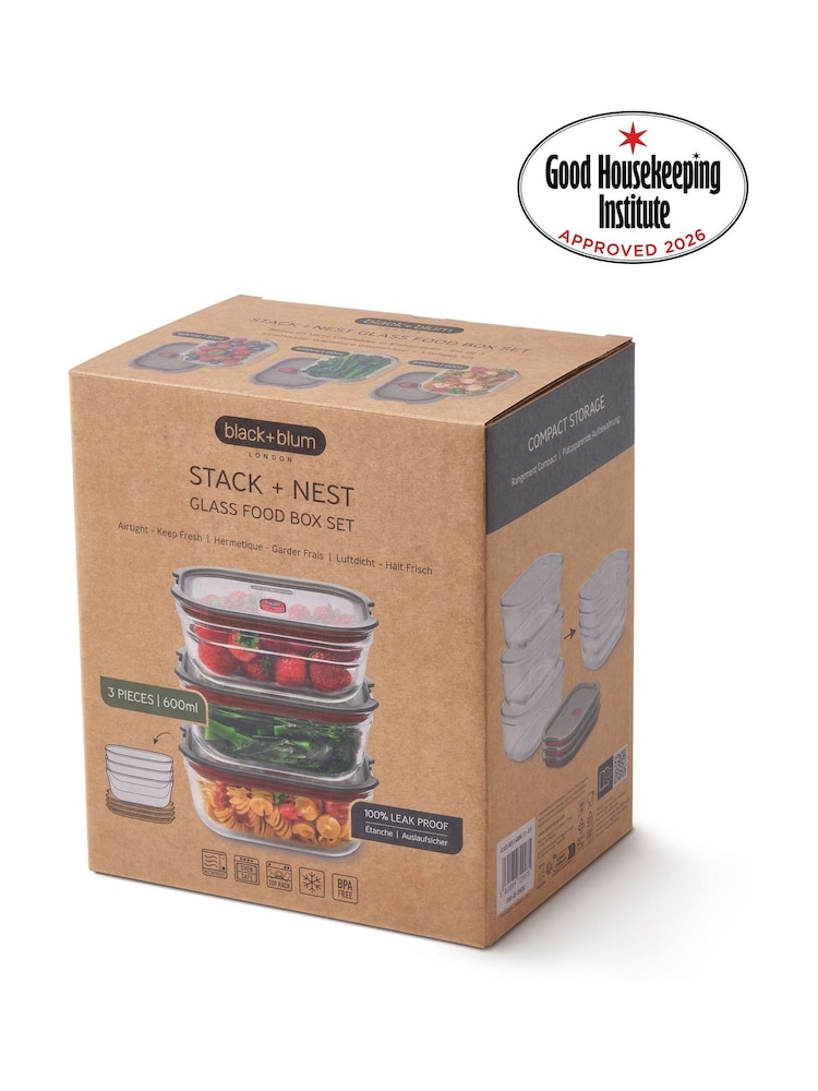 Black & Blum Set of 3 Grey Red 600ml Glass Stack and Nest Food Storage Boxes - Image 6 of 6 Black & Blum Set of 3 Grey Red 600ml Glass Stack and Nest Food Storage Boxes - Image 6 of 6